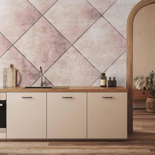 Fototapet med geometrisk flisemønster i rosa og beige