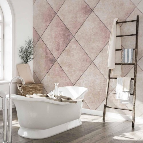 Fototapet med geometrisk flisemønster i rosa og beige