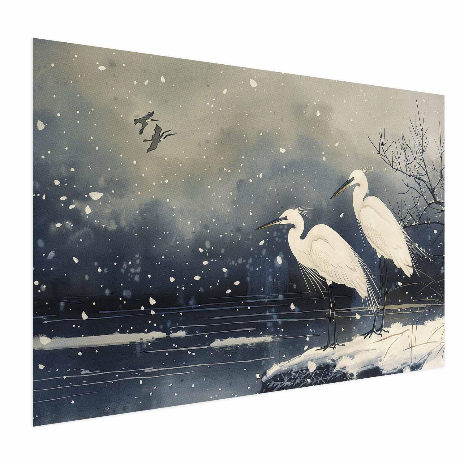 Plakat med hejrer over en vinterdam i japansk stil