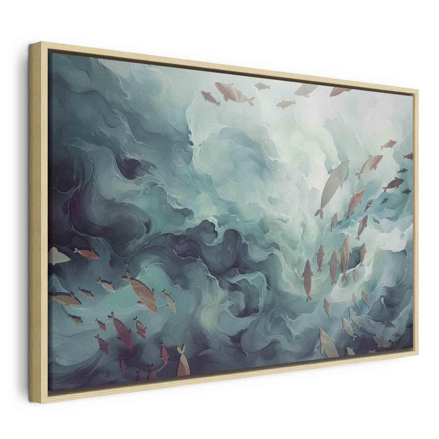 Lærredsbillede Fisk i havet - 60 x 40 cm - I en naturlig træramme