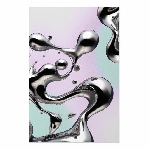 Abstrakt plakat Metallic Fluidity med sølvformer på mint-lilla baggrund