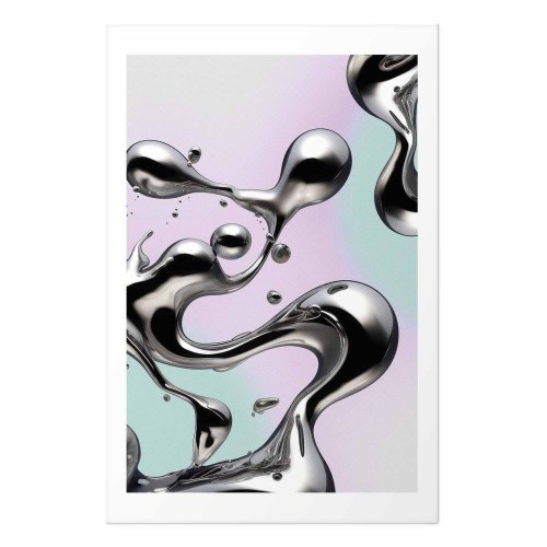 Abstrakt plakat Metallic Fluidity med sølvformer på mint-lilla baggrund