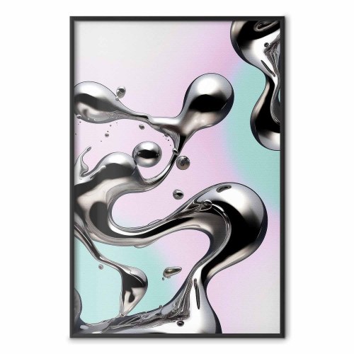 Abstrakt plakat Metallic Fluidity med sølvformer på mint-lilla baggrund