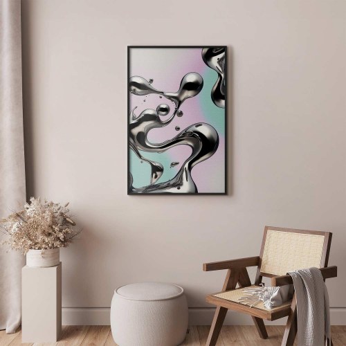 Abstrakt plakat Metallic Fluidity med sølvformer på mint-lilla baggrund