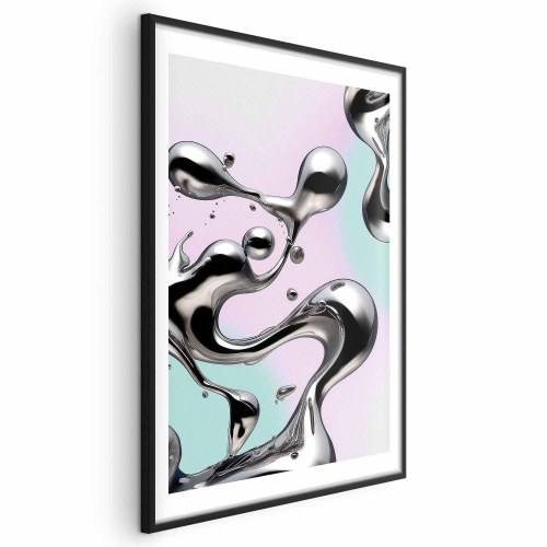 Abstrakt plakat Metallic Fluidity med sølvformer på mint-lilla baggrund