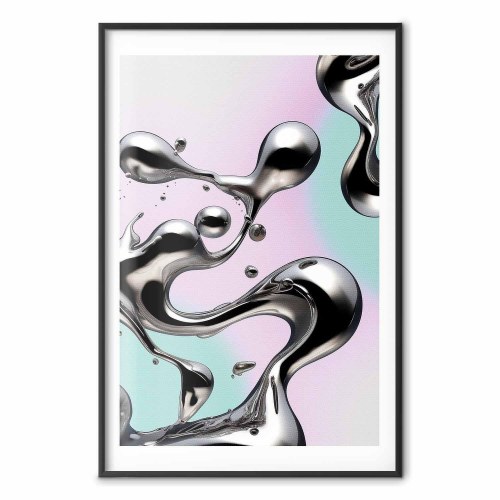 Abstrakt plakat Metallic Fluidity med sølvformer på mint-lilla baggrund