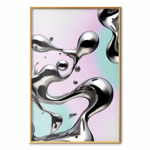 Abstrakt plakat Metallic Fluidity med sølvformer på mint-lilla baggrund