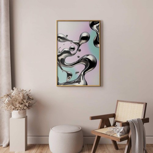 Abstrakt plakat Metallic Fluidity med sølvformer på mint-lilla baggrund