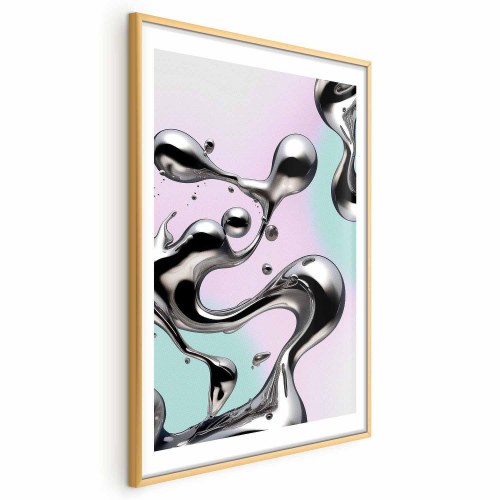 Abstrakt plakat Metallic Fluidity med sølvformer på mint-lilla baggrund