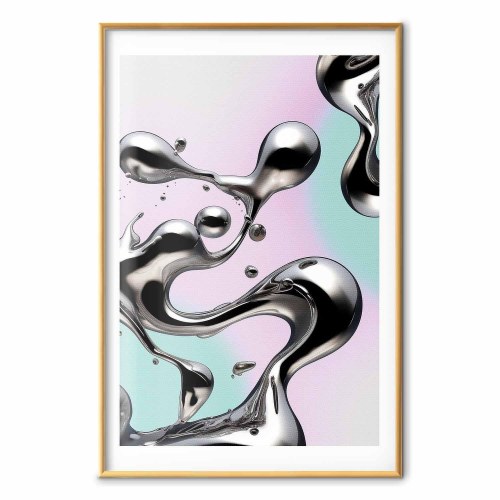 Abstrakt plakat Metallic Fluidity med sølvformer på mint-lilla baggrund