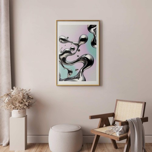 Abstrakt plakat Metallic Fluidity med sølvformer på mint-lilla baggrund