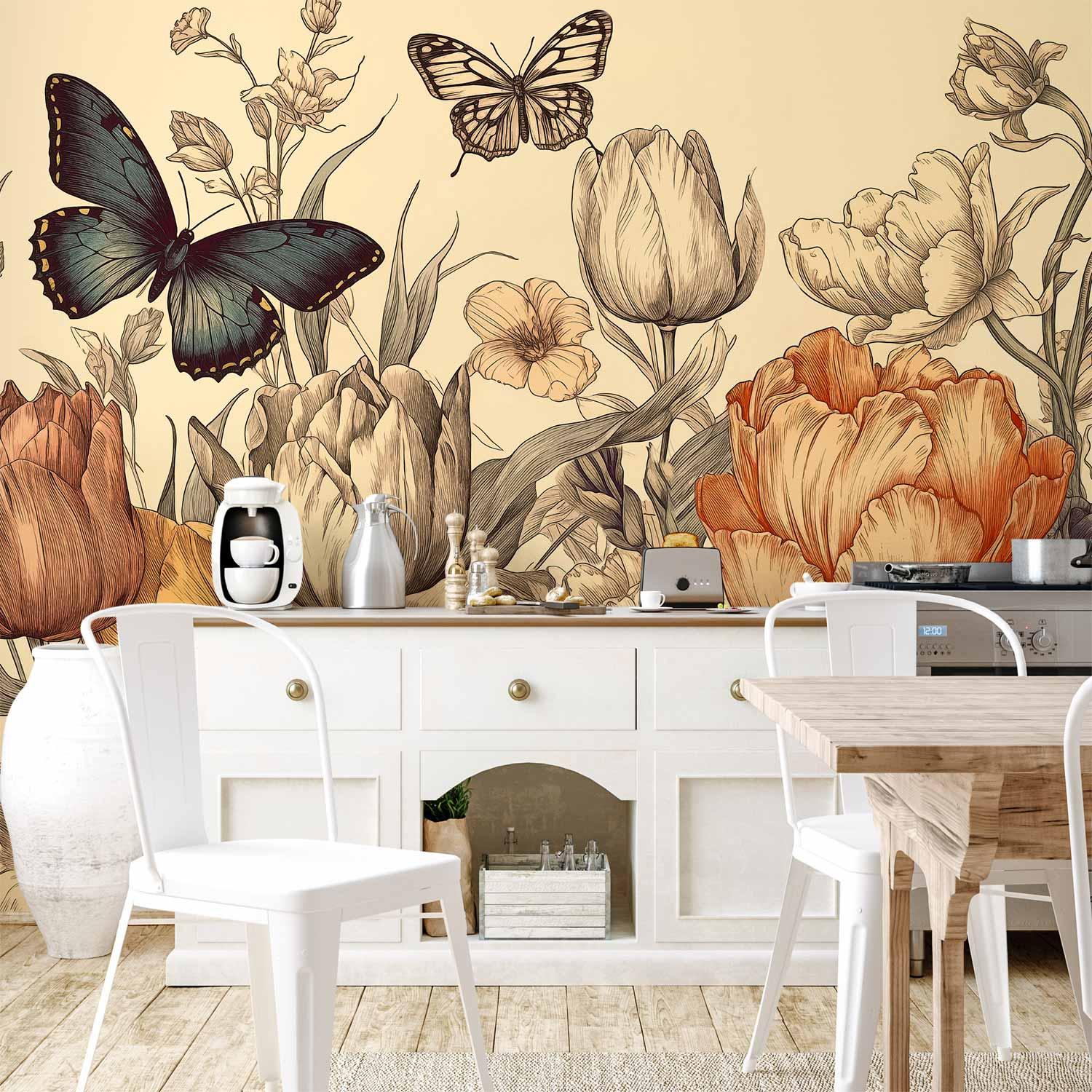 Fototapet med farverige tulipaner på cremefarvet baggrund - 200 x 140 cm - Vandtæt