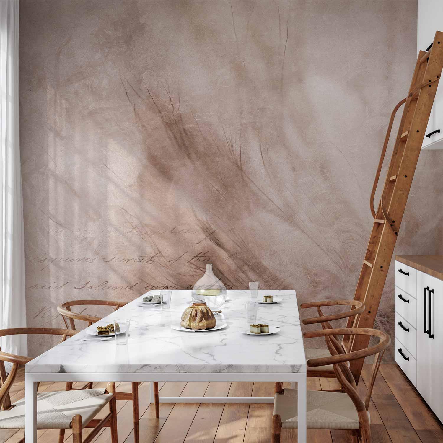 Fototapet abstrakt scandi boho med blomster og skrift - 250 x 175 cm - Vandtæt