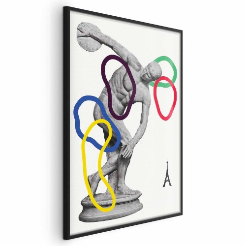 Plakat med collagegrafik - Diskoskaster skulptur