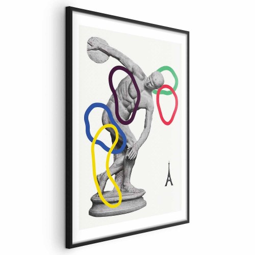 Plakat med collagegrafik - Diskoskaster skulptur