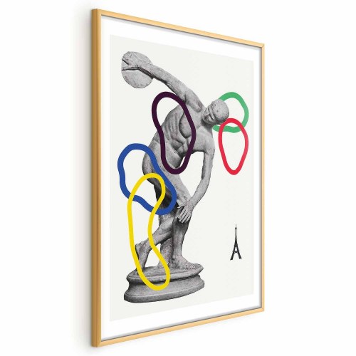 Plakat med collagegrafik - Diskoskaster skulptur