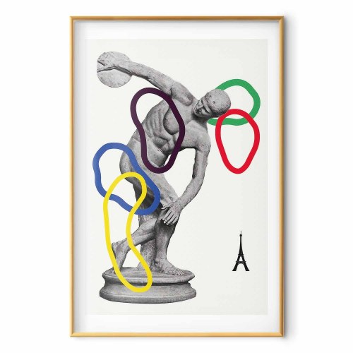 Plakat med collagegrafik - Diskoskaster skulptur