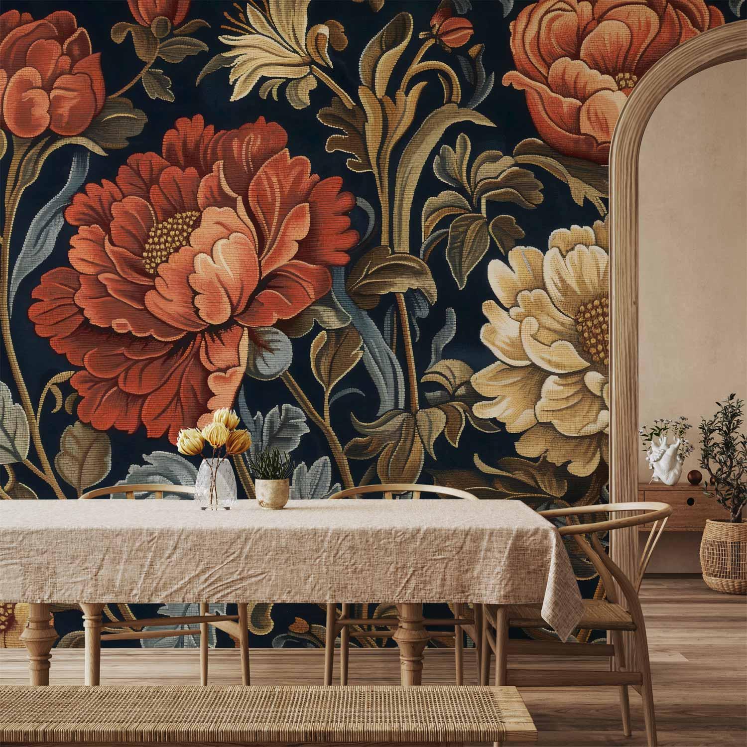 Fototapet med store retroblomster i kilimstil - 300 x 210 cm - Vandtæt