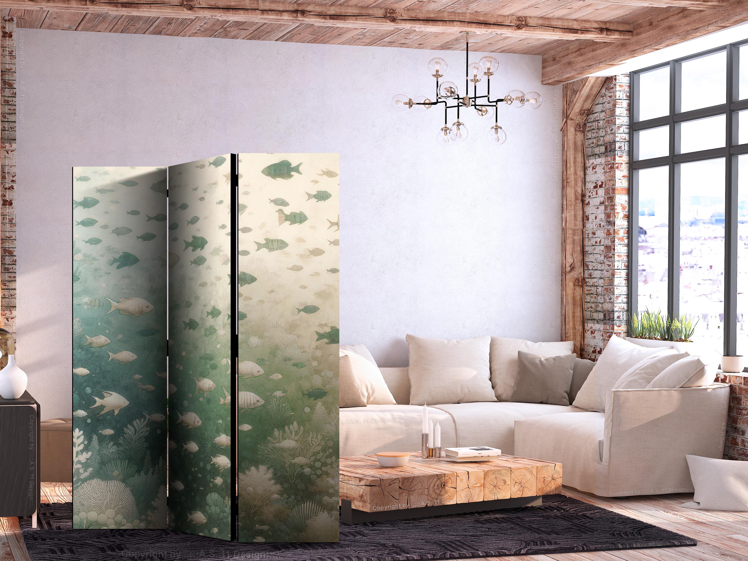 Skærmvæg med fisk og havvegetation 135 x 172 cm - 3-panels rumdeler