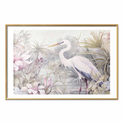 Plakat med hejre i dam - illustration i lyse farver