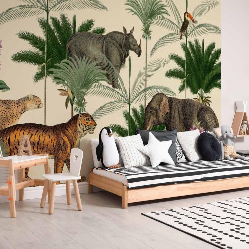 Fototapet med jungledyr i vintage graveringstil