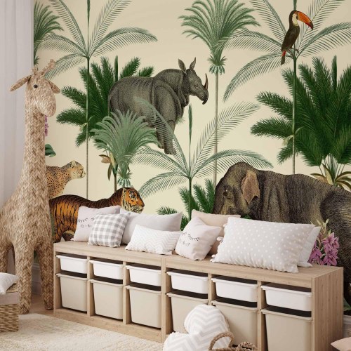 Fototapet med jungledyr i vintage graveringstil