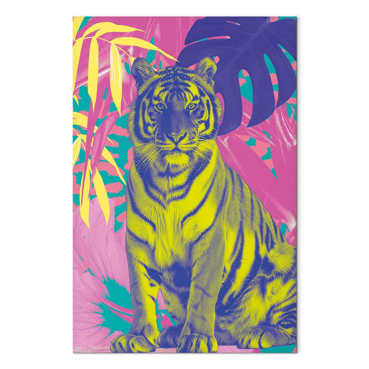 Billede på lærred med tiger og tropiske planter - intense farver - 40 x 60 cm - Akustisk