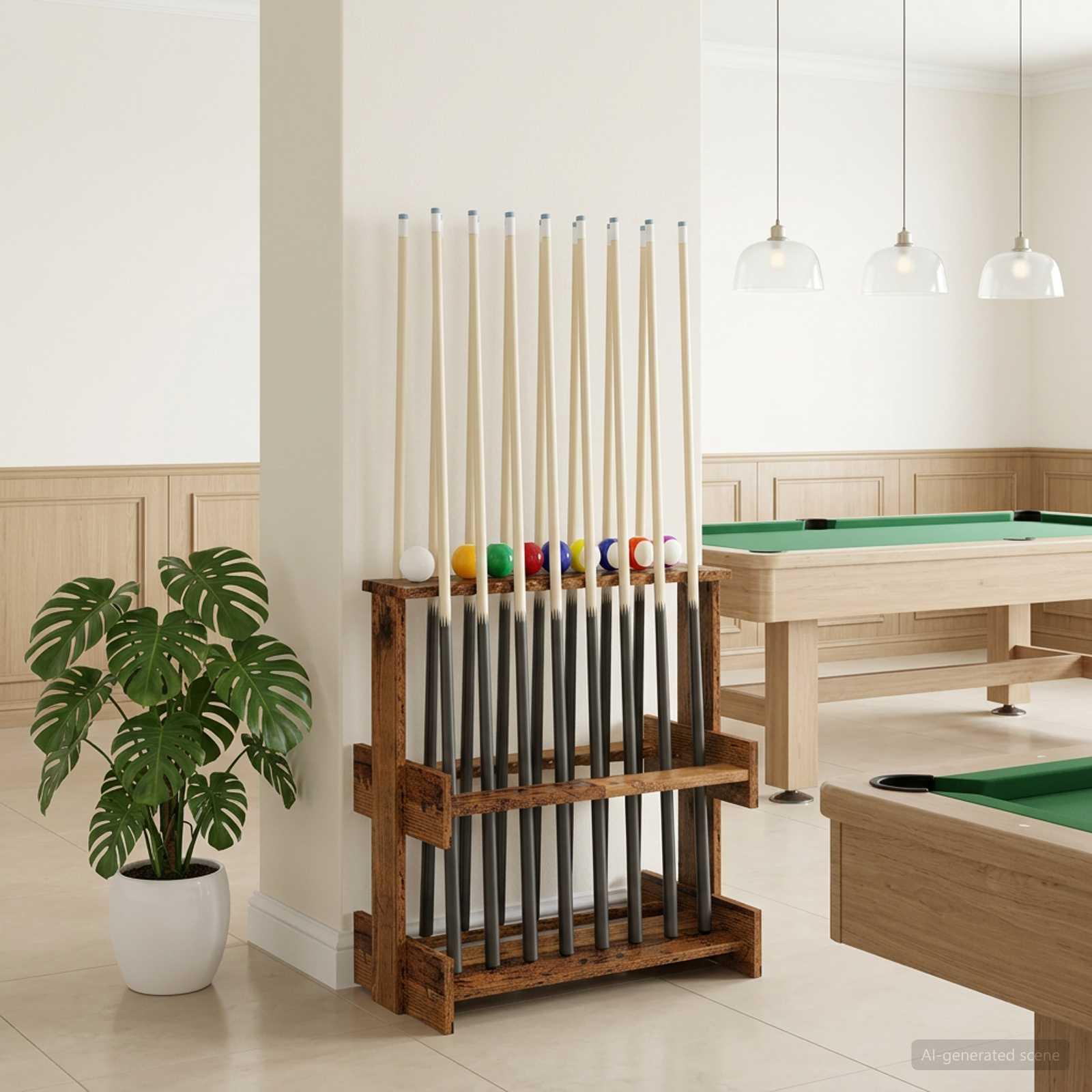 Billardkøholder fritstående i konstrueret træ 60 x 35 x 60 cm - gammelt træ