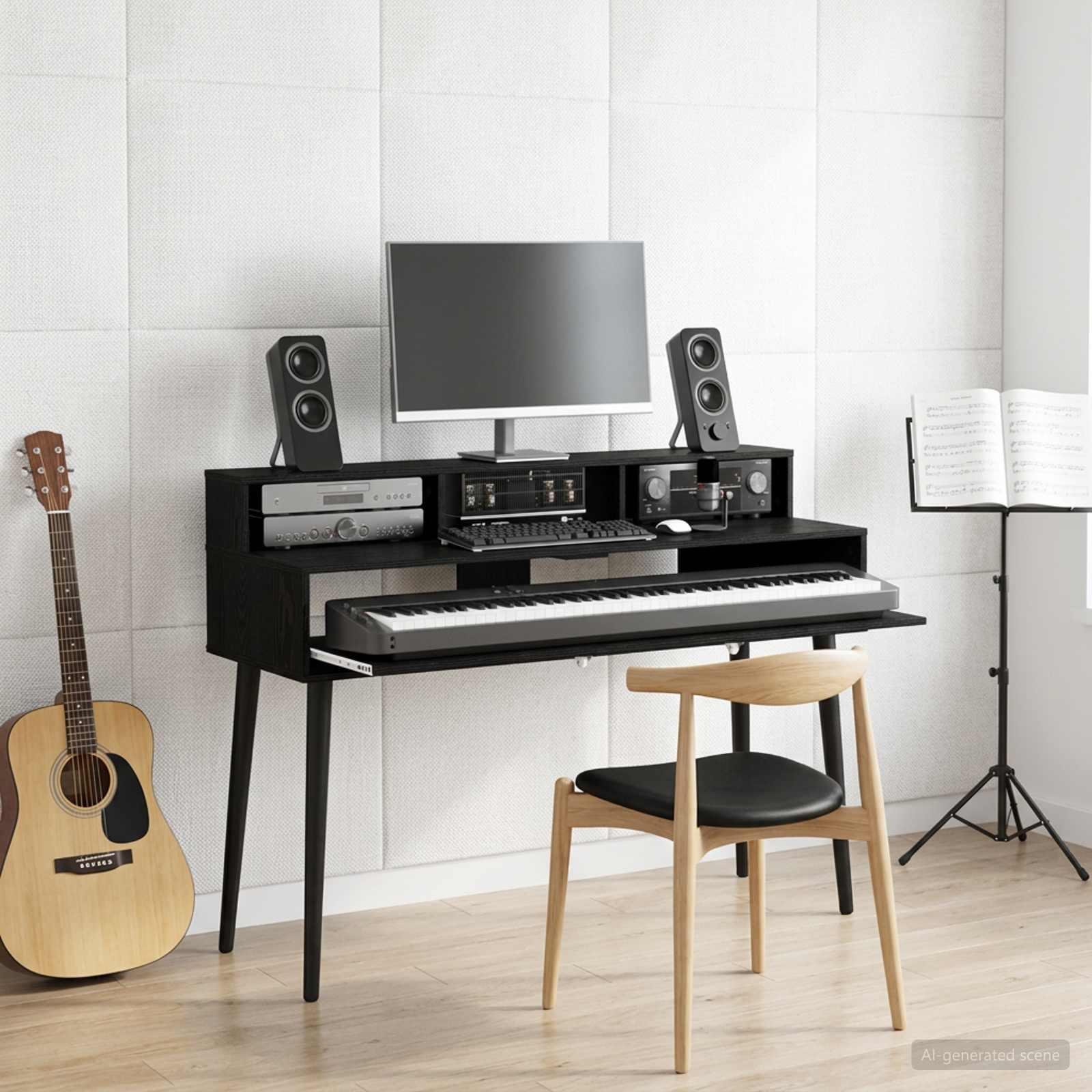 Studiobord i sort eg 130 x 42,5 x 36 cm med tastaturhylde
