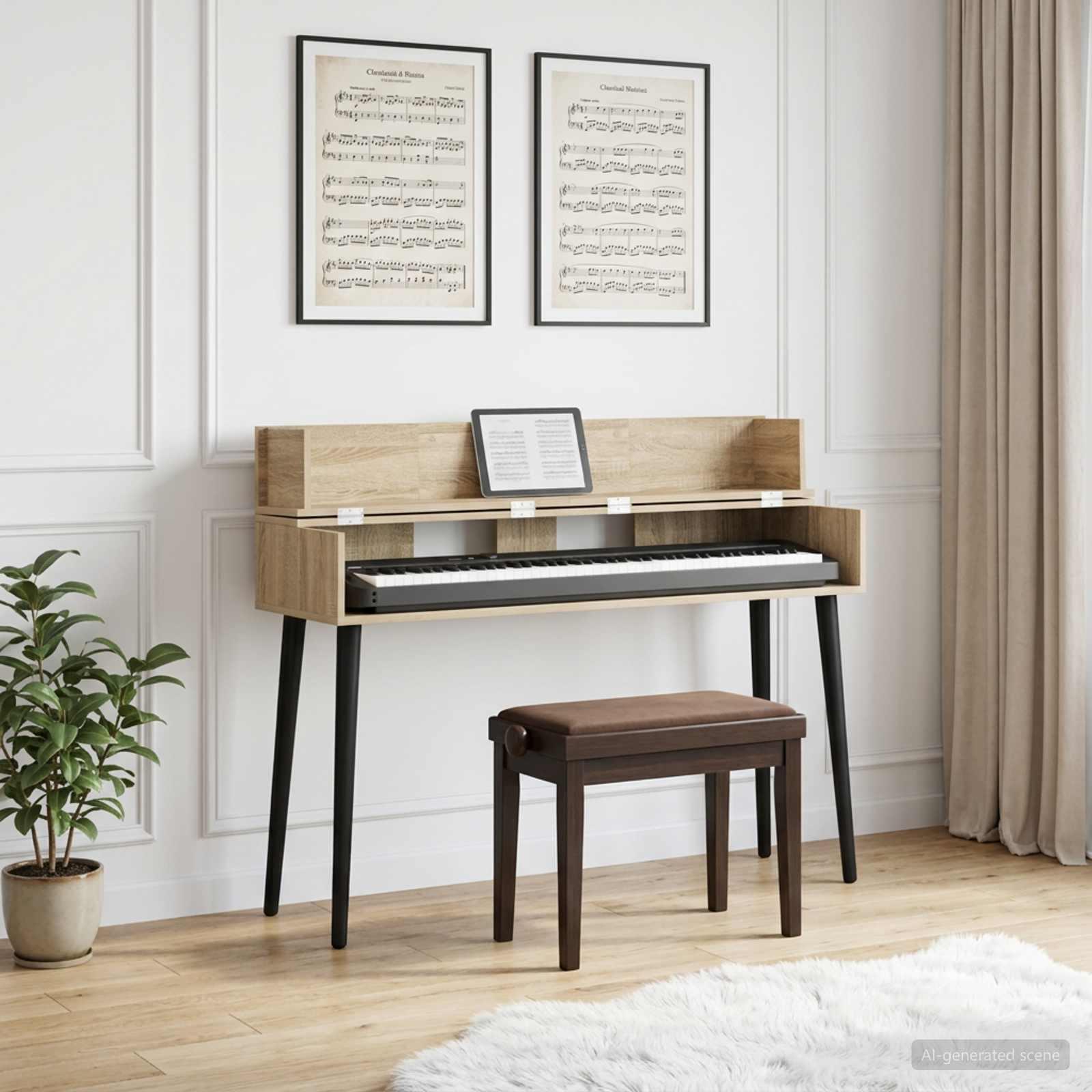 Studiobord i sonoma-eg 130 x 40 x 19,5 cm til keyboard og musikudstyr