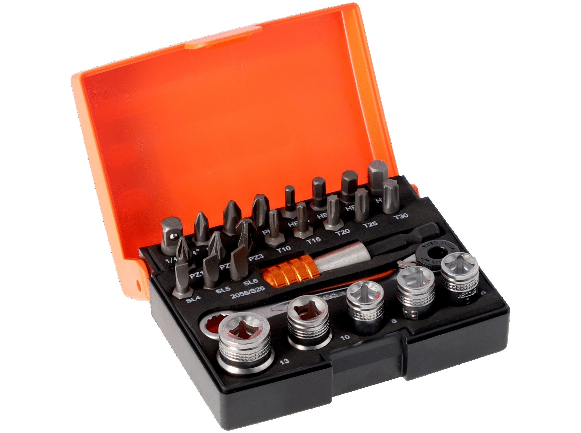 Bahco Standard bits i sæt – 26 dele, 18 stk, Hexadecimal (metrisk), Phillips, Stjerneskruetrækker, Åbning, Torx, Stål, 100 mm, 35 mm, 80 mm