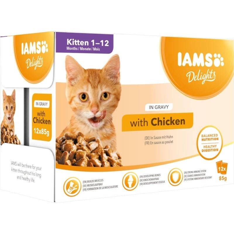 IAMS Delights Kitten med kylling i sovs vådkattemad 12 x 85 g