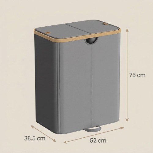 Vasketøjskurv med 2 rum og låg - 150 l, skifergrå/naturbeige