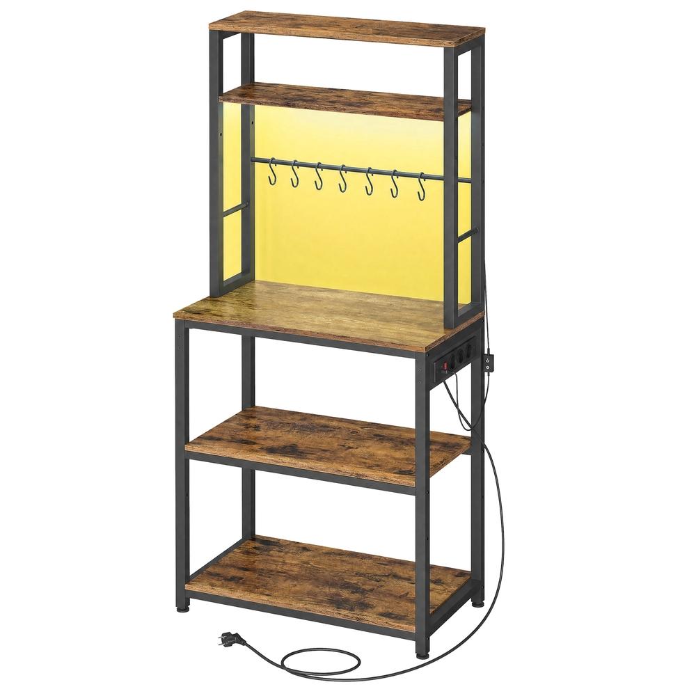 Køkkenreol med LED-belysning, stikkontakter og justerbare hylder 60 x 40 x 168,4 cm - vintagebrun mat sort