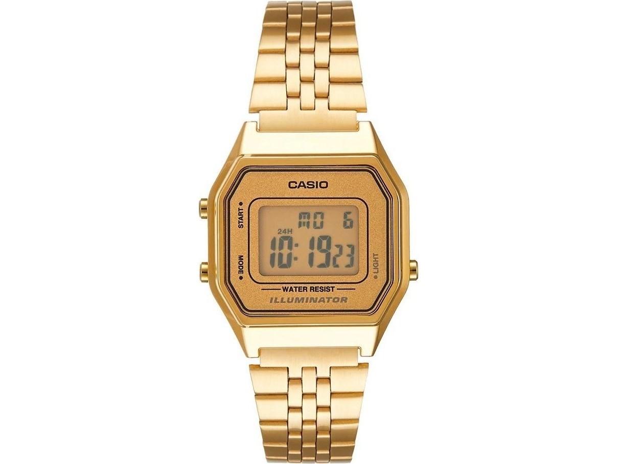 Casio A168WG-9W digitalt armbåndsur med guldfarvet stållænke og rektangulær urkasse