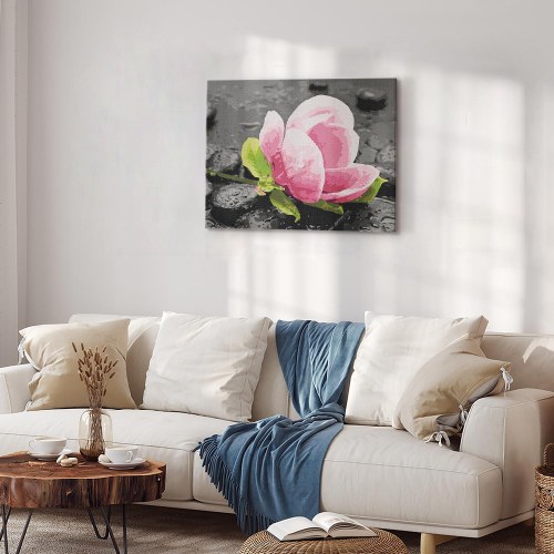 Mal selv billede efter tal med pink blomst og sten 50 x 40 cm