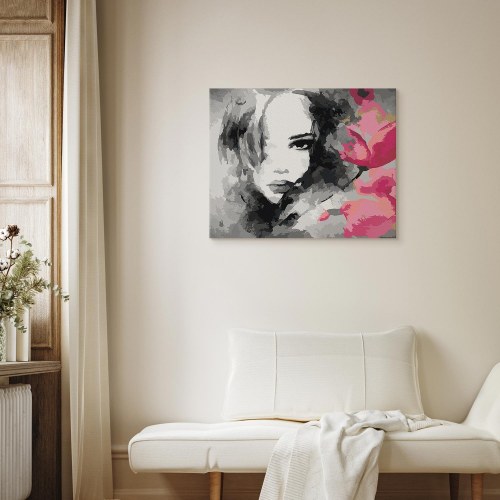 Mal selv billede mal efter tal - Sort-hvidt portræt med pink blomst 50 x 40 cm