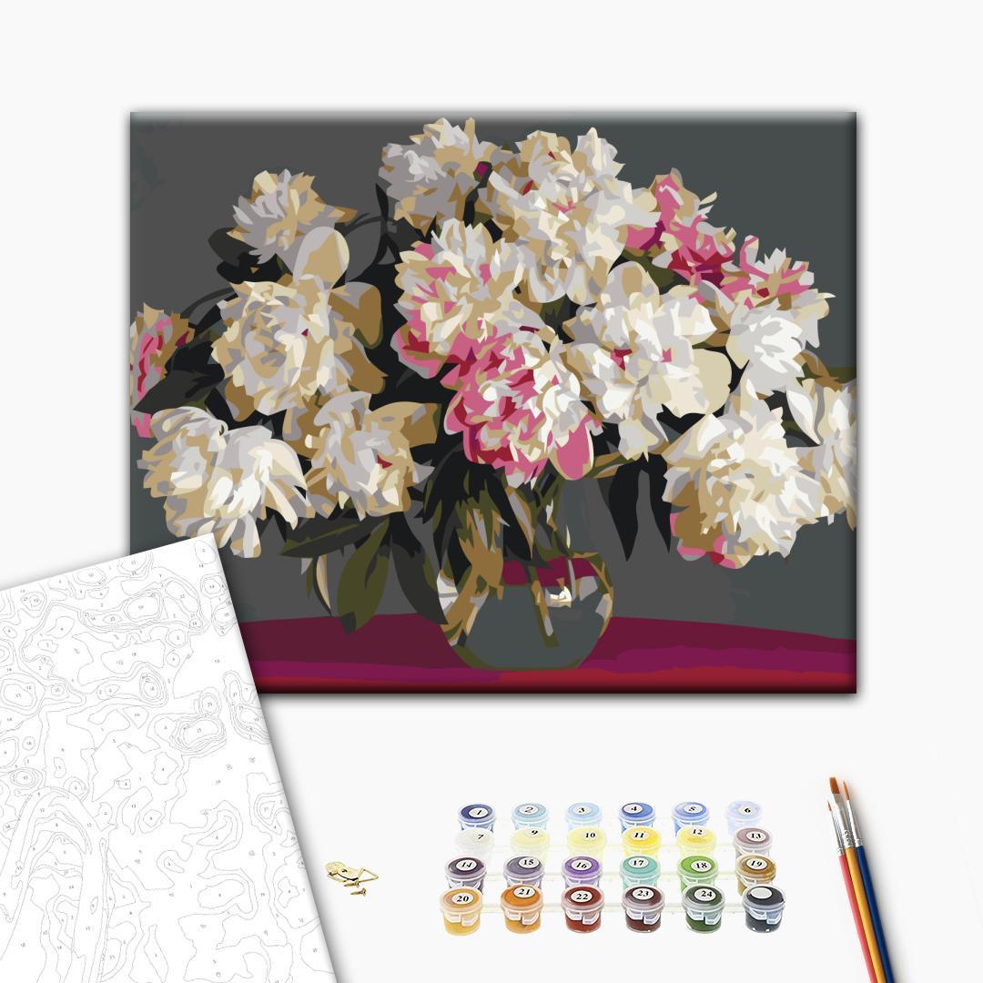 Mal efter tal med hvide blomster i vase 50 x 40 cm