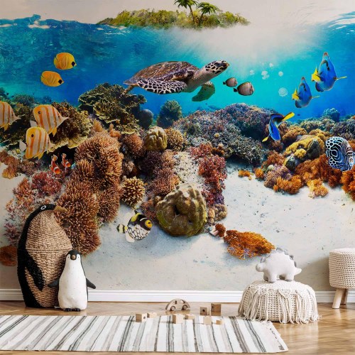 Fototapet Cay med havskildpadde og koralrev