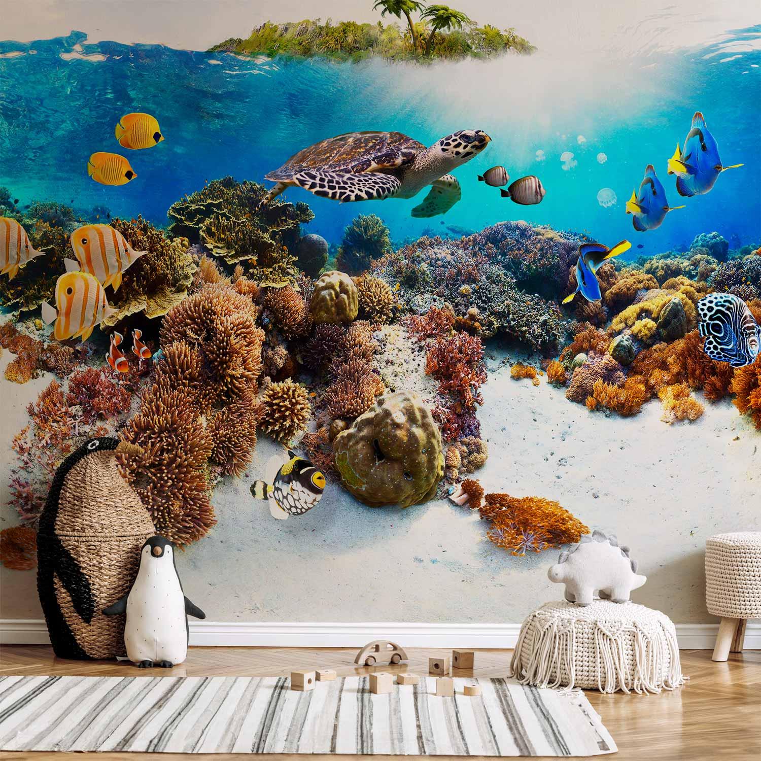 Fototapet Cay med havskildpadde og koralrev - 500 x 350 cm - Standard