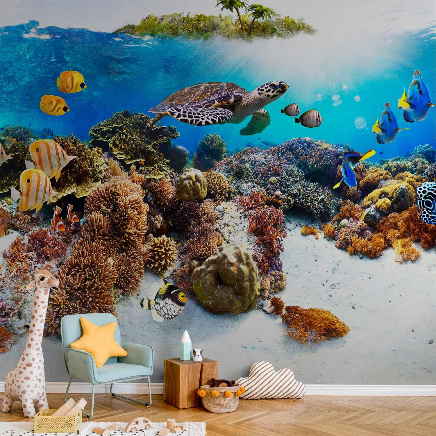 Fototapet Cay med havskildpadde og koralrev - 400 x 280 cm - Vandtæt