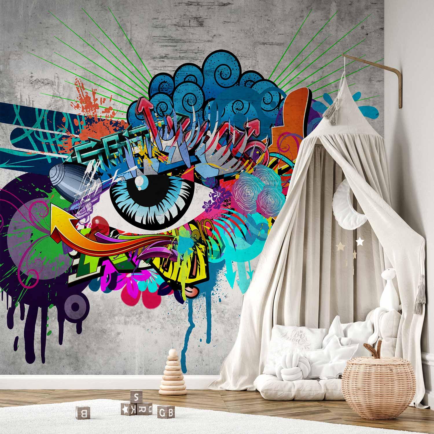 Fototapet Graffiti-øje - vægdekoration med gadekunst - 350 x 256 cm - Vandtæt
