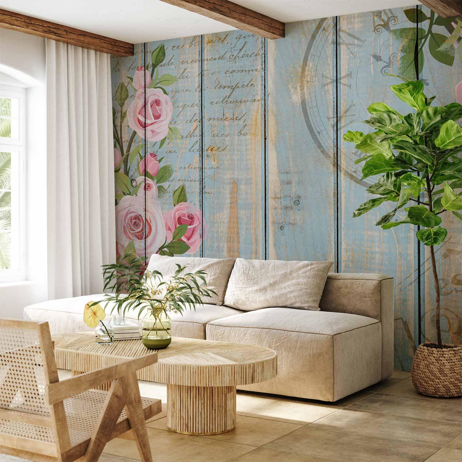 Fototapet Vintage Have med Blomster og Trælook - 147 x 105 cm - Selvklæbende