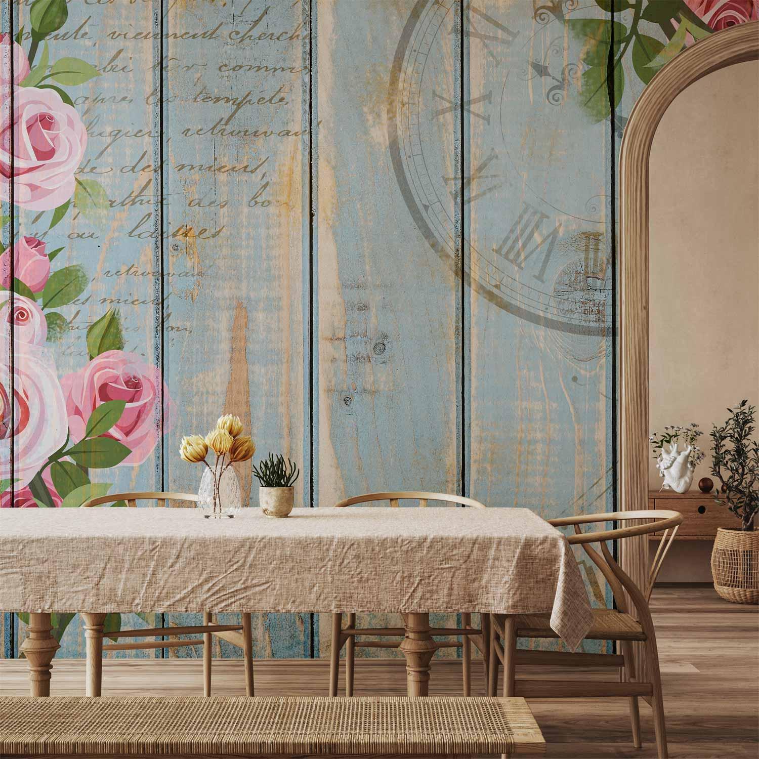 Fototapet - Vintage have med blomster og træmotiv - 500 x 350 cm - Vandtæt