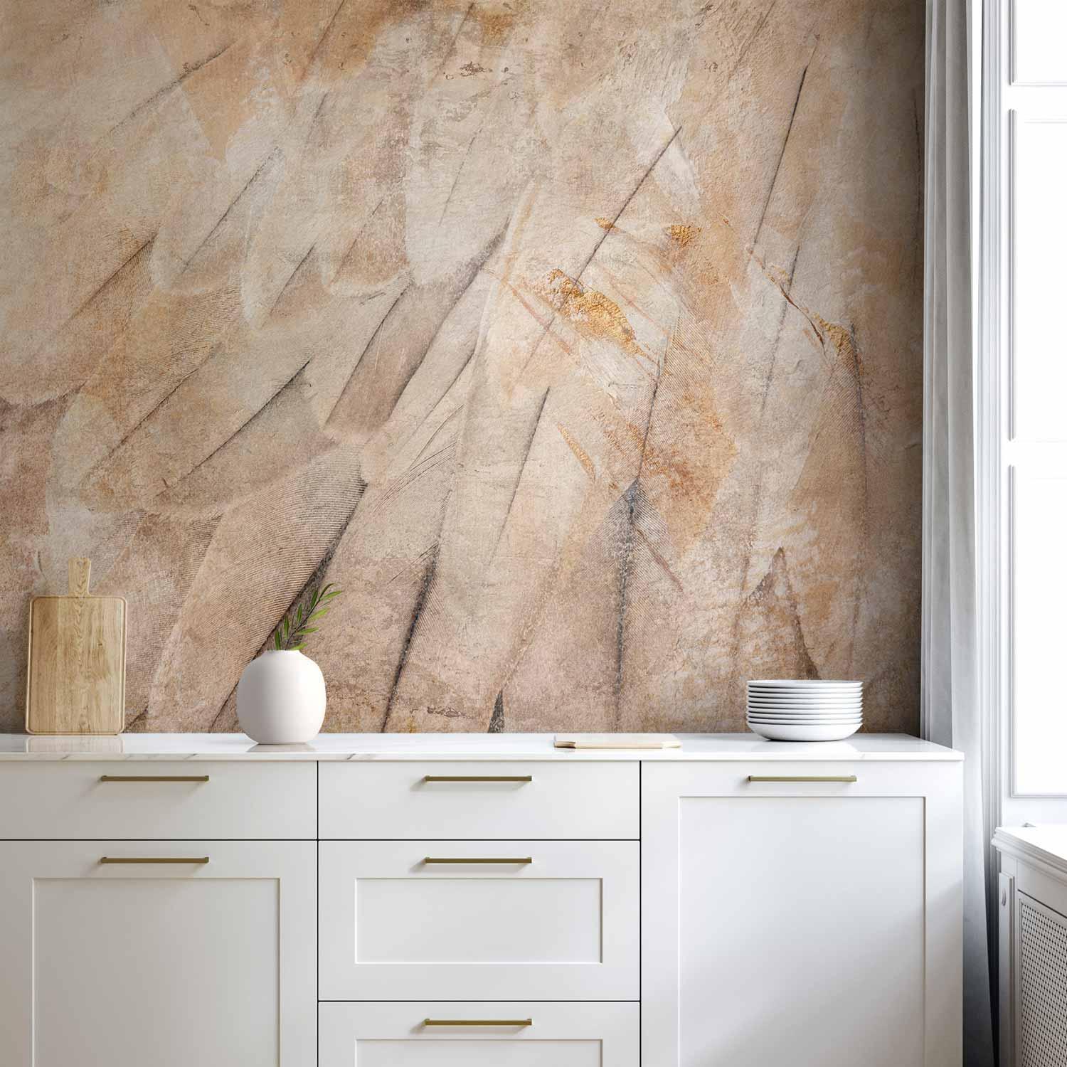 Fototapet med fuglevinger - minimalistisk nærbillede af beige fjer med mønster - 500 x 350 cm - Vandtæt