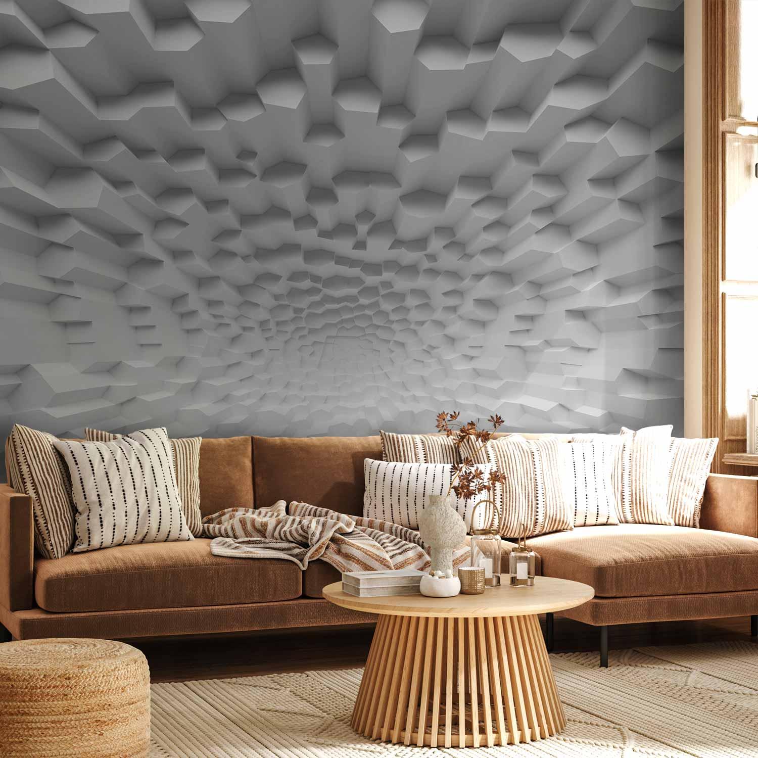 Fototapet - Glemslens afgrund, 3D vægdekoration i grå med geometrisk motiv - 500 x 350 cm - Premium