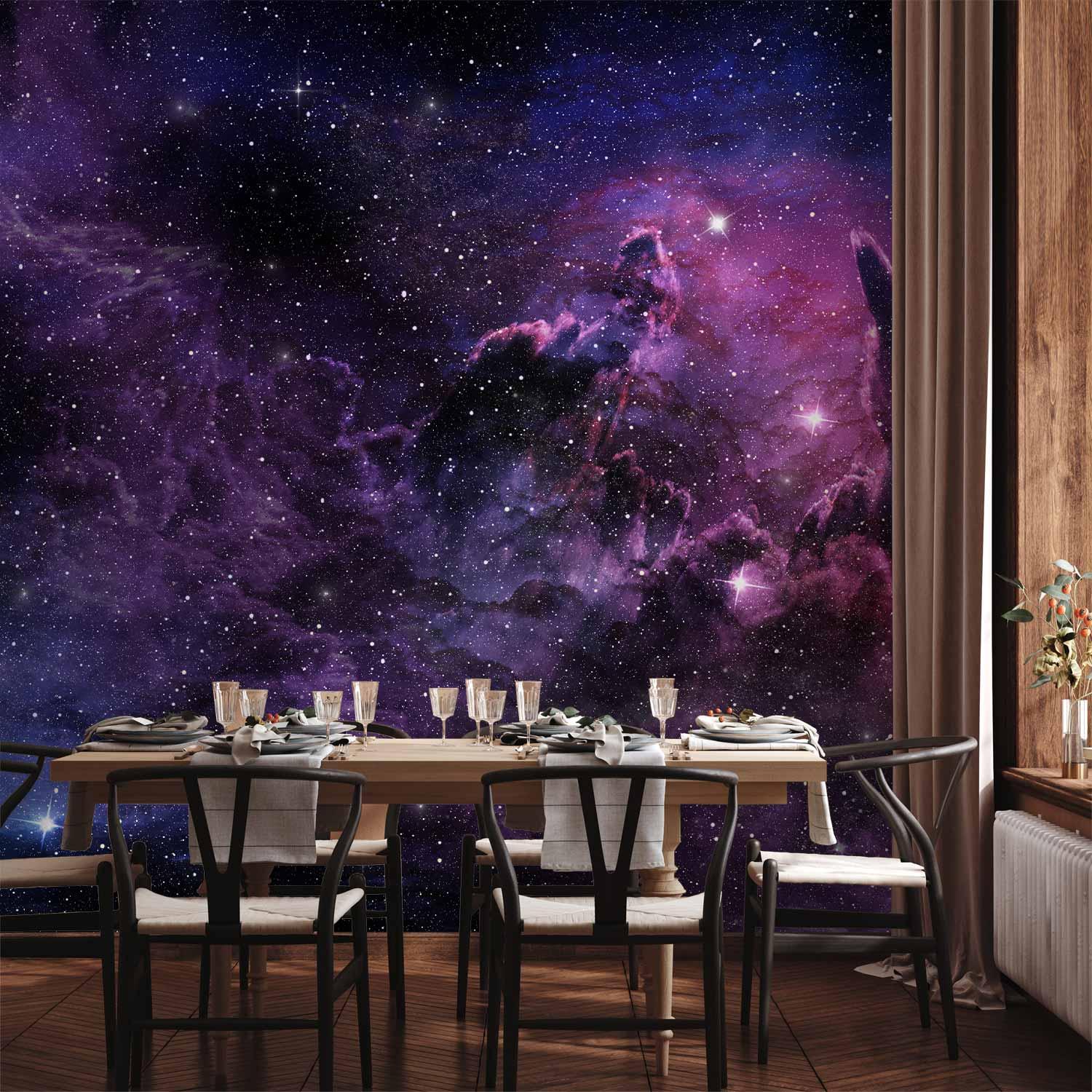 Fototapet Purple Nebula - vægtapet med stjerner og lilla kosmosmotiv - 100 x 70 cm - Vandtæt