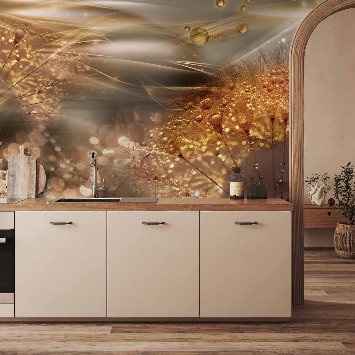 Fototapet Dandelions' World Gold med mælkebøtter i gyldne nuancer - 500 x 350 cm - Vandtæt