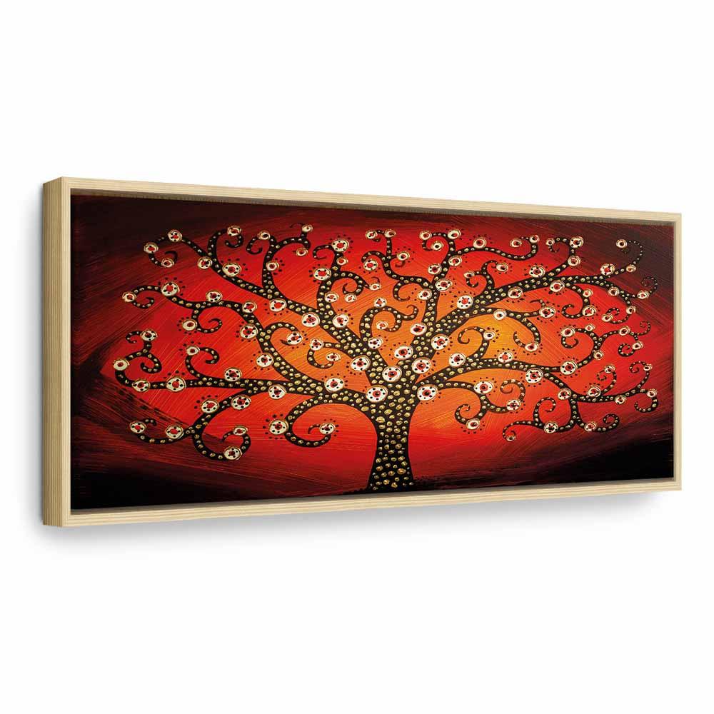 Lærredsbillede Fiery Tree smalt - abstrakt træmotiv - 150 x 50 cm - I en naturlig træramme