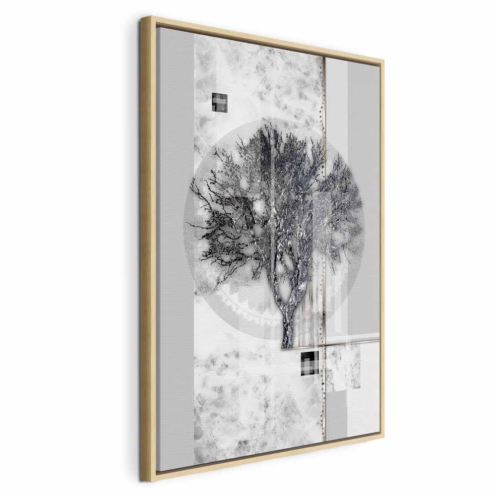 Billede på lærred - Sølvtræ 1 del lodret, abstrakt vægdekoration med træmotiv i grå nuancer - 40 x 60 cm - I en naturlig træramme